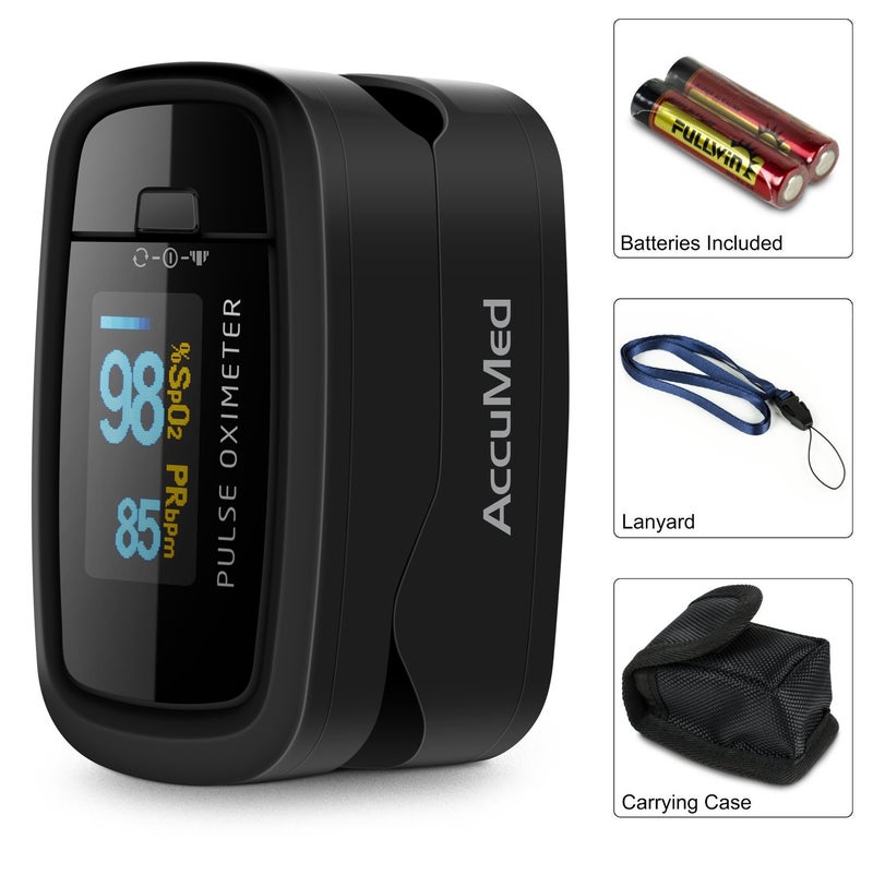 AccuMed CMS-50D1 Fingertip Pulse Oximeter Blood Oxygen Sensor SpO2 for Sports and Aviation. Portable and Lightweight with LED Display, 2 AAA Batteries, Lanyard and Travel Case (Black) - Image 4
